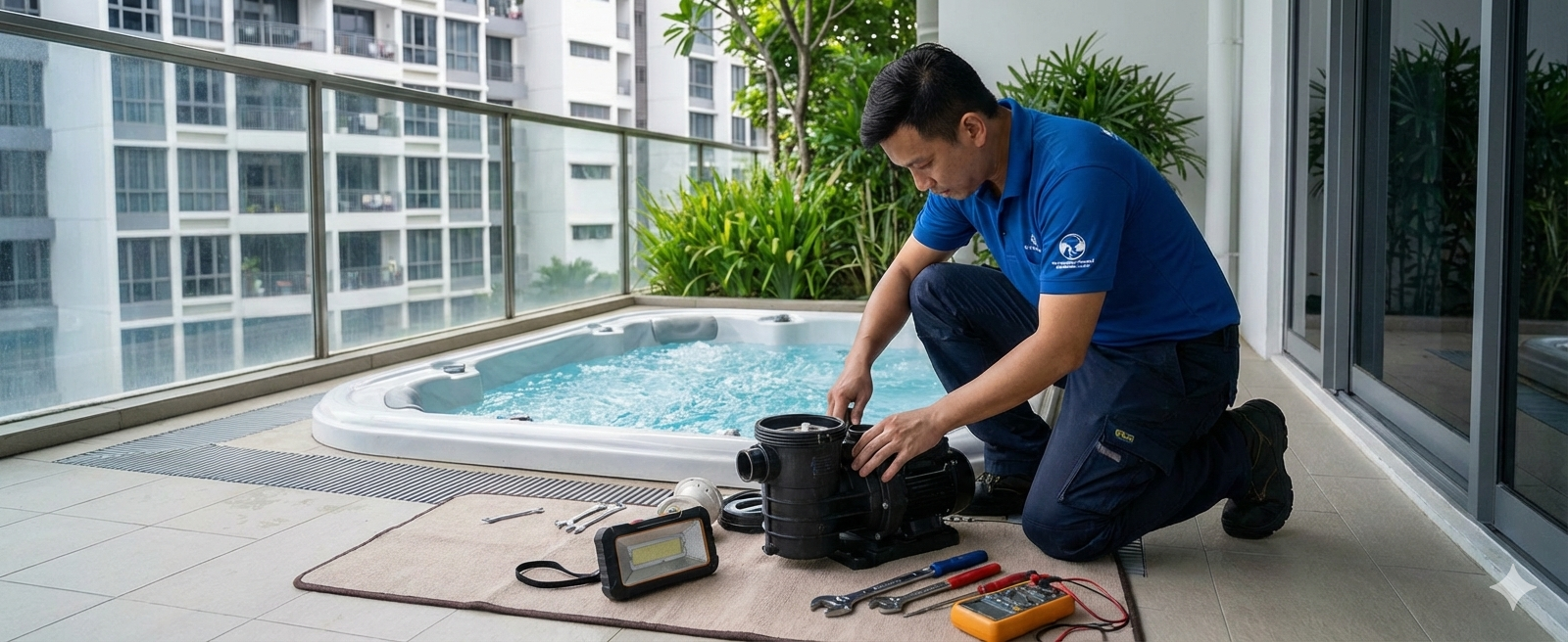 Professional jacuzzi repair service in Singapore - expert technician fixing luxury hot tub system